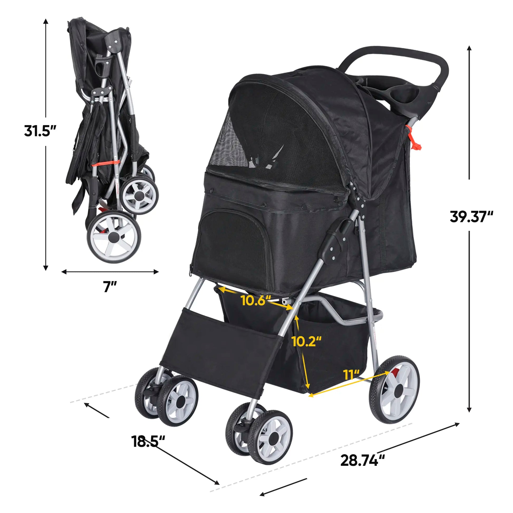 Segawe Foldable Dog Stroller - Pet Travel Carriage with Detachable Animal Carrier, Cart and Tray, Black,Summervibes