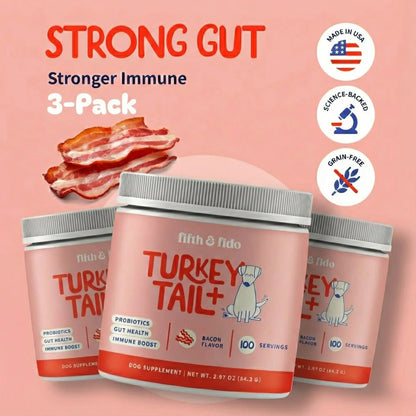 Fifth and Fido 3-Pack Turkey Tail Dog Food Topper, Bacon Flavor, Probiotic-Rich, Limited-Ingredient, Daily Dosing, Lump Reducer, Immune Boost, Gut Health Support, 100 Servings per Bottle