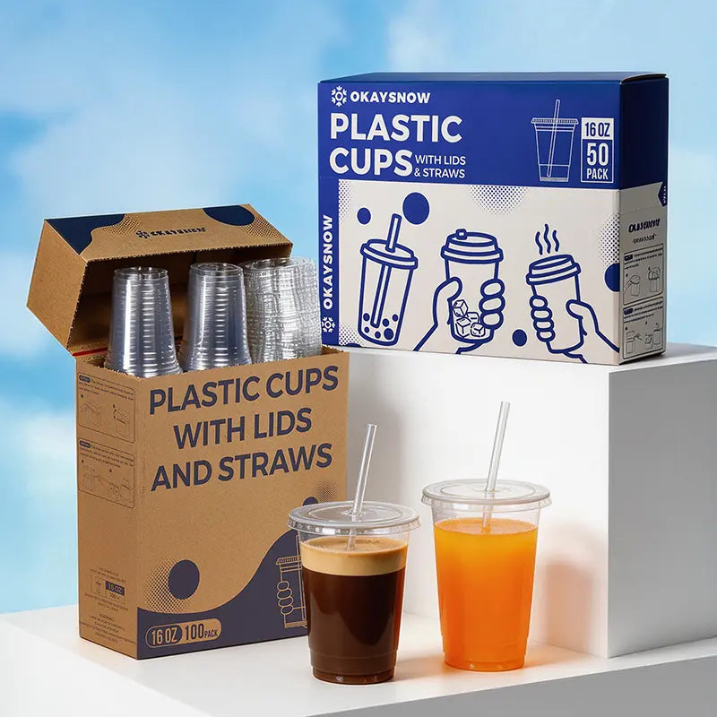 Clear Plastic Disposable Cups with Lids & Straws – 12–24Oz Easy Grab PET Cups with Storage Box | 50/100 Pack