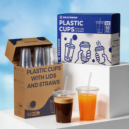 Clear Plastic Disposable Cups with Lids & Straws – 12–24Oz Easy Grab PET Cups with Storage Box | 50/100 Pack