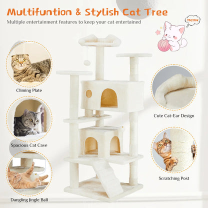 Pettrove Cat Tree Tower for Indoor Cats, Tall Multi-Level Pet Furniture, Stable Kitty Play House with Sisal Scratching Post, Large Condo, Climbing Ladder, Plush Toy for Kitten Cat Treehouse
