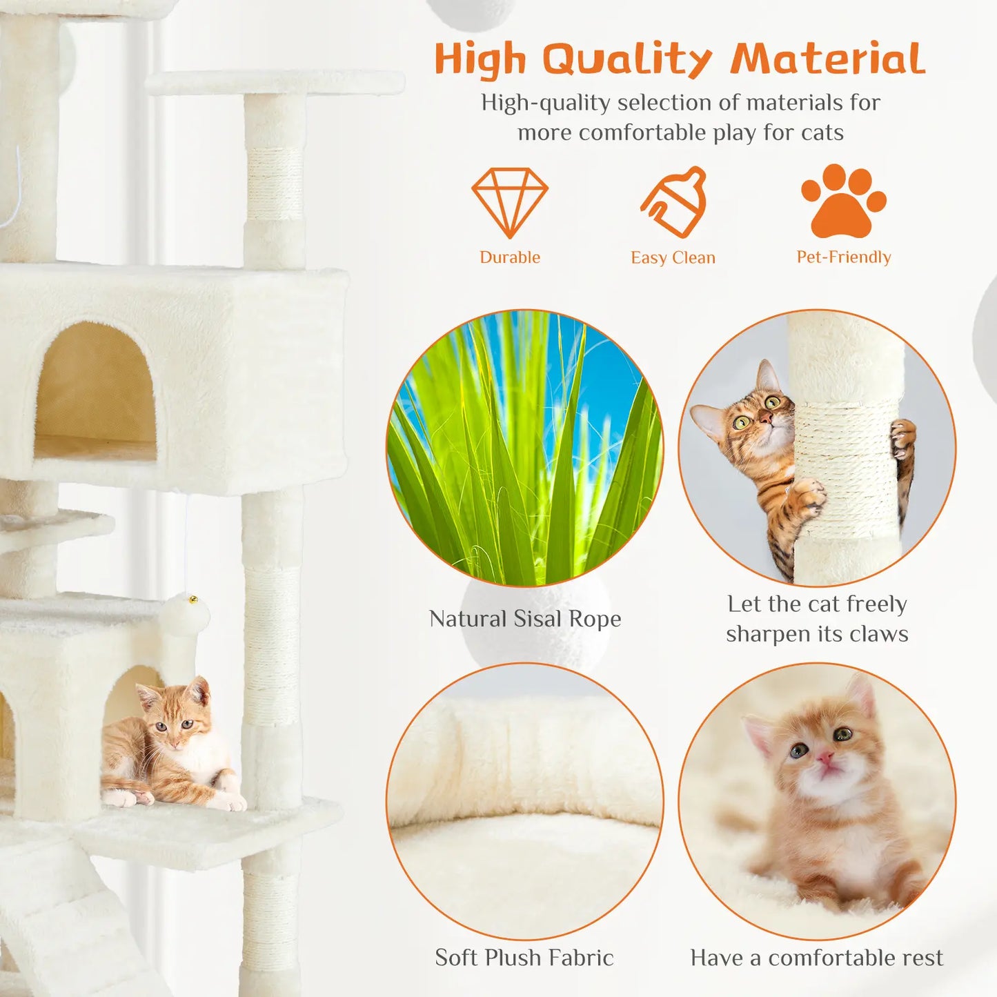 Pettrove Cat Tree Tower for Indoor Cats, Tall Multi-Level Pet Furniture, Stable Kitty Play House with Sisal Scratching Post, Large Condo, Climbing Ladder, Plush Toy for Kitten Cat Treehouse